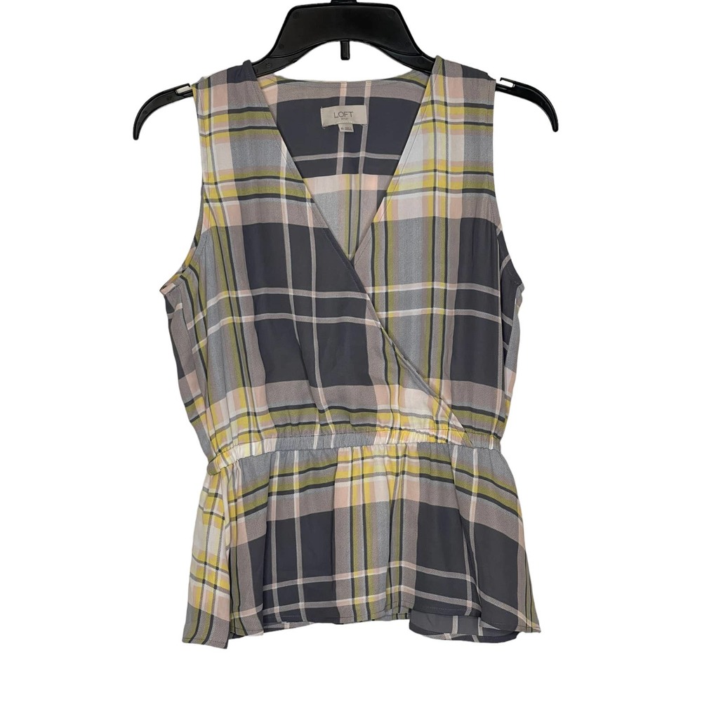 Loft Women Tank Top Semi Sheer V-Neck Plaid Peplum‎ Surplice Wrap Multicolor XS